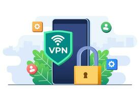 VPN to protect personal data in smartphone, Secure web traffic, Encrypted data transfer, VPN access, Virtual private network, Remote server, Secure router access, Safety on internet vector