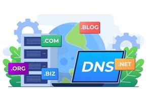 dominio nombre sistema concepto plano ilustración vector plantilla, DNS, sitio web dominio nombre, Internet o ciberespacio, dominio registro web página, elegir, encontrar, comprar, Registrarse sitio web dominio nombre