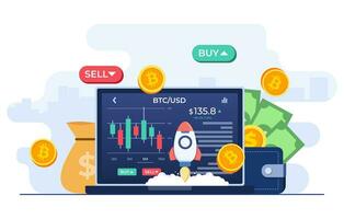 Cryptocurrency trading and growing concept flat illustration vector template, Bitcoin rising, Stock exchange scene with laptop, chart, numbers and SELL and BUY options, Crypto investment strategy