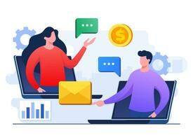 Business people connecting online, Employees speaking on video calls on laptop, Video Conference, Team thinking and brainstorming, Remote working, Virtual meeting, Teleconference, vector