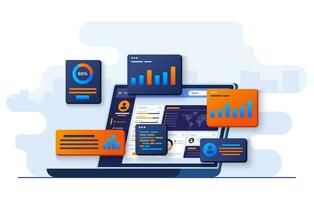 data charts, graphs, and a dashboard on laptop screen, SEO marketing advertising analytics vector illustration, Marketing analytics, Market research, Business Analysis, Financial reports and research