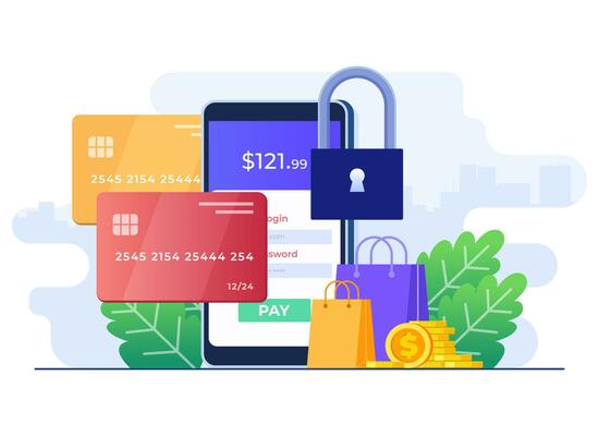 Mobile banking app concept flat illustration, Shopping online with e-wallet, Credit or debit card payment, Secure digital banking, E-wallet, Mobile money transfer, E-commerce, Cashless payment