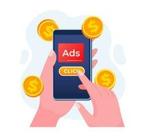 Paid advertising campaign display ads on hand holding smartphone with click button, Pay per click concept, PPC, Advertising or advertisement, Promoting brands to audience, Internet marketing concept vector