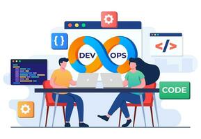 Programmers practice of development and software operations, DevOps Methodology, Technical support, Automation process, Software development and it operations concept flat illustration vector template