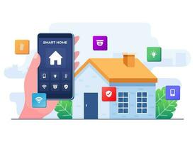 Smart home application on hand holding smartphone screen, Home automation, Controlling house devices, Remote home control technology, house technology system with wireless centralized control vector