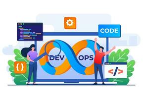 programadores práctica desarrollo y software operaciones, devops metodología, técnico apoyo, automatización proceso, software desarrollo y eso operaciones concepto plano ilustración vector modelo