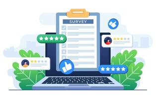 Online survey concept flat illustration vector template, Filling Test in Customer Survey Form, Customer experiences and satisfaction concept for landing page, web banner, mobile app, Web design, ui ux