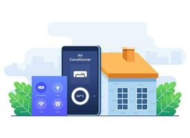 inteligente hogar solicitud concepto, hogar automatización, controlador aire acondicionador utilizando un teléfono inteligente, remoto hogar controlar tecnología, casa tecnología sistema con inalámbrico centralizado controlar vector