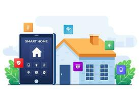 Smart home application concept flat illustration, Home automation, Controlling house devices using tablet, Remote home control technology, house technology system with wireless centralized control vector