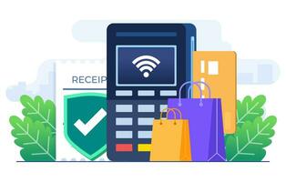 Terminal for contactless and wireless goods payment flat illustration vector template, POS terminal confirms the payment by debit card, Invoice, Shopping concept, Payment machine, Credit card