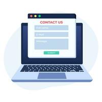 Contact Us form on laptop screen flat illustration for web banner, mobile app, landing page, business presentation, website banner, Customer support, customer service, online support, help desk vector