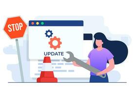 System maintenance vector illustration, Error, Fixing trouble, Device updating, Software system under maintenance, Software upgrade process on devices, Woman update operation system