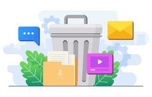 Eliminar concepto plano ilustración vector plantilla, borrando datos y moverse innecesario archivos a el basura compartimiento, limpiar digital memoria, Eliminar documentos en basura, limpieza software