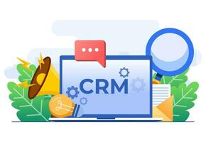 CRM, Customer Relationship Management concept flat vector illustration template for website banner, Organization of data on work with clients, Company Strategy Planning, Business Data Analysis