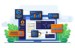 datos gráficos, gráficos, y un tablero en ordenador portátil pantalla, seo márketing publicidad analítica vector ilustración, márketing analítica, mercado investigación, negocio análisis, financiero informes y investigación