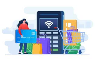 Terminal for contactless and wireless goods payment flat illustration vector template, POS terminal confirms the payment by debit card, Invoice, Shopping concept, Payment machine, Credit card