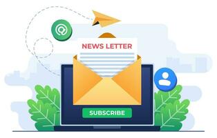 Subscribe to newsletter concept flat illustration vector template, Open envelope with document on laptop screen, Email marketing concept for landing page, website banner, infographic, mobile app