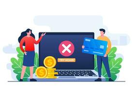 Payment error info message on laptop screen flat illustration vector template, Cashless NFC payment failed, Online transaction canceled, Online payment payment gateway app