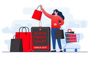 Black Friday sale event concept flat illustration vector template, Discount and special offer tags, Promo, Advertising Poster, Online shopping concept