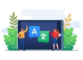 Translation concept flat illustration vector template, Translate languages, Online translator mobile application on tablet, People translating languages