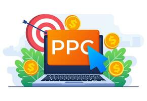 Pay Per Click internet advertising concept flat vector illustration, Online social media campaign, Display ads on website generating revenue for the publisher, Paid advertising campaign, PPC