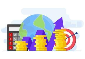 Gross domestic product concept flat illustration vector template, Stacks of money, National economy, Monetary policy, GDP,  Economic Growth, Public finance, Growth arrow chart, Cash and globe