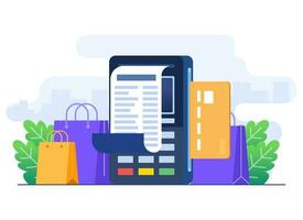 nfc pago concepto plano ilustración vector plantilla, pos terminal confirma el pago por débito tarjeta, factura, compras concepto, pago máquina, crédito tarjeta