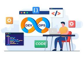 Programmers practice of development and software operations, DevOps Methodology, Technical support, Automation process, Software development and it operations concept flat illustration vector template