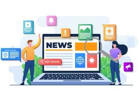 People characters browse online mass media feed on laptop screen, People read news articles, Online newspaper, News web page, Internet newsletter mobile application vector