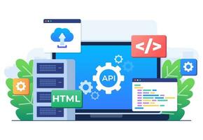 Application Programming Interface concept, API provides the interface for communication between applications, Software development tool, Internet and networking, simplifying application integration vector
