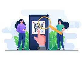 personas caracteres exploración qr codigos con teléfonos inteligentes, teléfono móvil con qr códigos, digital billetera y moderno tecnología concepto plano ilustración vector modelo