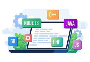 Web development concept flat illustration vector template,  Application design, Coding and programming on a laptop with programming languages, Testing website, Coding process, Analytics data