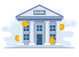 Bank building with dollar coins around flat illustration vector template on white background