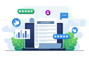 Online survey concept flat illustration vector template, Filling Test in Customer Survey Form, Customer experiences and satisfaction concept for landing page, web banner, mobile app, Web design, ui ux