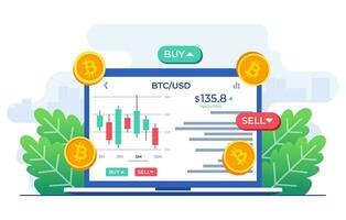 Stock exchange scene with laptop computer, chart, and SELL and BUY options, Cryptocurrency trading, candlestick chart, Bitcoin, Digital web money, Crypto investment strategy vector