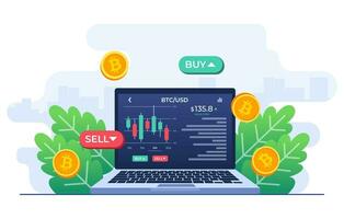 Stock exchange scene with laptop computer, chart, and SELL and BUY options, Cryptocurrency trading, candlestick chart, Bitcoin, Digital web money, Crypto investment strategy vector