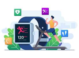 masculino personaje corriendo en un rueda de andar, reloj inteligente salud rastreador, inteligente laboral, capacitación, Deportes ejercicios, supervisión corazón Velocidad vector