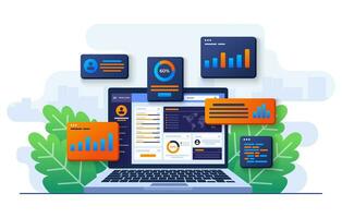 data charts, graphs, and a dashboard on laptop screen, SEO marketing advertising analytics vector illustration, Marketing analytics, Market research, Business Analysis, Financial reports and research