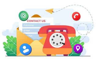 Envelope with Contact Us form and telephone, Customer care service flat vector illustration, Online support, Hotline, Help desk, Mail letter communication form as information sending for assistance