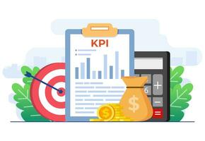 KPI, Key performance indicators business technical concept flat vector illustration, Performance evaluation and dynamics on dashboard, Strategy, Data Report, Efficient workflow, Business intelligence