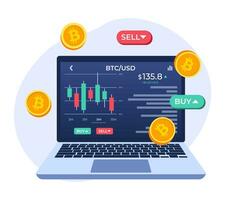 Stock exchange scene with laptop computer, chart, and SELL and BUY options, Cryptocurrency trading, candlestick chart, Bitcoin, Digital web money, Crypto investment strategy vector