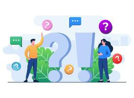 People characters standing near question mark and exclamation mark, People ask questions and receive answers, Online customer support, QA, FAQ, Frequently asked questions concept flat illustration vector