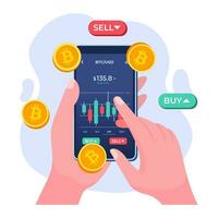 Hand-holding mobile phone with financial app on screen to buy or sell shares of stock market, Profit from currency exchange services, Bitcoin, Investment concept, Cryptocurrency trading strategy vector