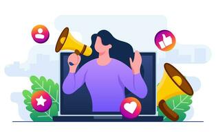 Woman shouting through megaphone on laptop screen, Influencer marketing, Follow us, Internet advertisement, Social media promotion concept for web banner, landing page, mobile app, infographic vector