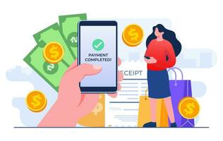 Making a successful online payment on hand holding smartphone, Woman using mobile banking services and secure transactions during online shopping, E-commerce, Cashless payment, Internet banking vector