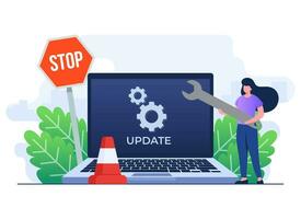 System maintenance, Error, Fixing trouble, Device updating, Software system under maintenance vector illustration, Software upgrade process on laptop, System update, People update operation system