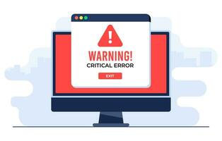 Exclamation point icon on computer screen, System error, System security warning alert, Cybercrime, Vulnerability, Computer virus, Ransomware, or bug, Critical error, Malware, Technical error, Hack vector