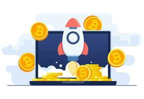 Rocket successfully taking off from laptop screen, Virtual money capitalization rise, Bull market concept, Growing bitcoin, Blockchain technology, Cryptocurrency, Digital money cryptocurrency trading vector