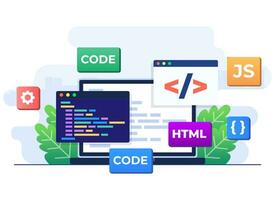 web development concept flat illustration vector template, Web design, Computer programming, Mobile application design, Coding, Software, programming languages, website