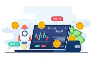 Cryptocurrency trading and growing concept flat illustration vector template, Bitcoin rising, Stock exchange scene with laptop, chart, numbers and SELL and BUY options, Crypto investment strategy